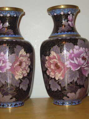 2 Vintage CHINESE CLOISONNE VASE 7 inch Enamel Brass Floral Pink Flowers Black